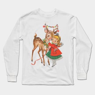 Vintage Christmas Girl and Reindeer Long Sleeve T-Shirt